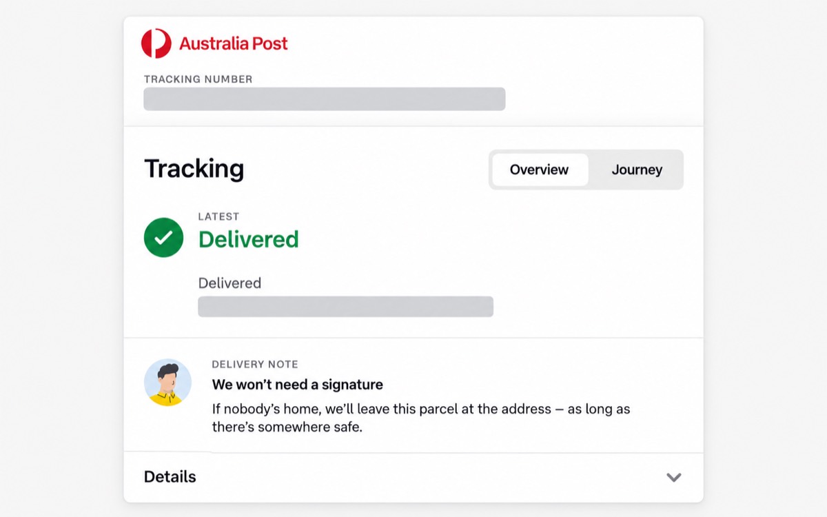 Privacy-redacted Australia Post tracking screen showing a delivered parcel