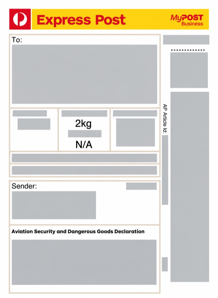 Privacy-redacted Express Post label example