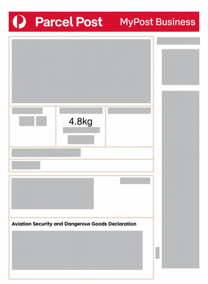 Privacy-redacted Parcel Post label example